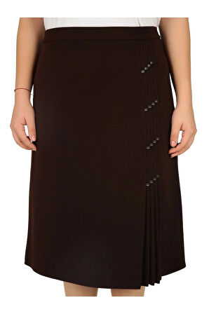 Kısa Büyük Beden Deri Detaylı Astarlı Portoriko Kumaş Pileli Etek