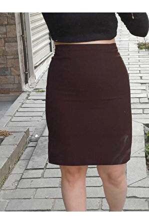 Kısa Arkadan Yırtmaçlı Astarlı Fermuarlı Düğmeli Portoriko Kumaş Kalem Etek