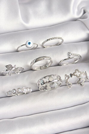 Pirinç Gümüş Renk Nazar Boncuk Detay İncili Kelebek İşlemeli Kadın Yüzük Kombini