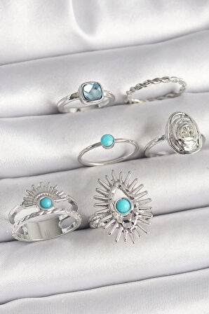 Pirinç Gümüş Renk Mavi Taşlı Kare Zirkon Taş Detaylı Kadın Yüzük Kombini