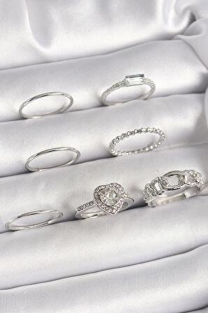 Pirinç Gümüş Renk Zirkon Taşlı Kalp Model Kadın Yüzük Kombini