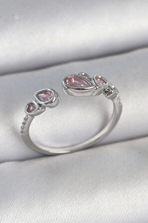 Pirinç Gümüş Renk Pembe Damla Zirkon Taşlı Ayarlanabilir Model Kadın Yüzük