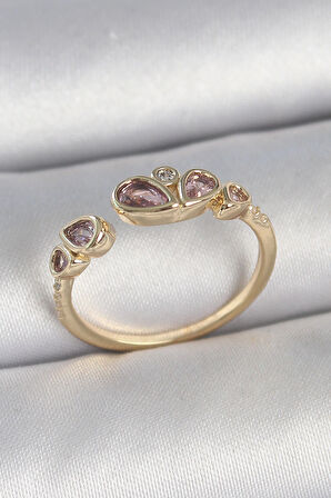 Pirinç Gold Renk Pembe Damla Zirkon Taşlı Ayarlanabilir Kadın Yüzük