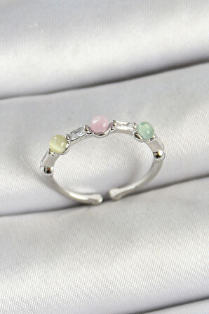 Pirinç Sıralı Boncuk Figürlü Zirkon Taşlı Gümüş Renk Ayarlanabilir Kadın Yüzük