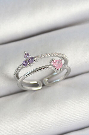 Pirinç Kalp Ve Çiçek Figürlü Zirkon Taşlı Gümüş Renk Ayarlanabilir Kadın Yüzük