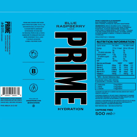 Prime Blue Raspberry 500 ml - Mavi Ahududu Aromalı Sporcu İçeceği (3 ADET)