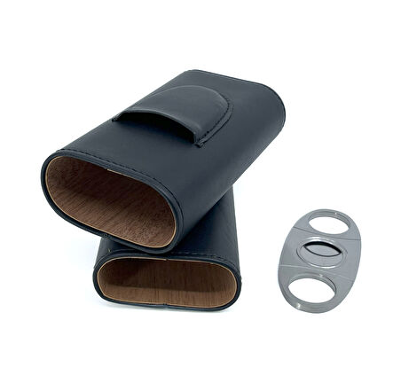FireBird Deri Puro Kılıfı/Seyahat Humidoru ve Puro Kesici Set - Siyah