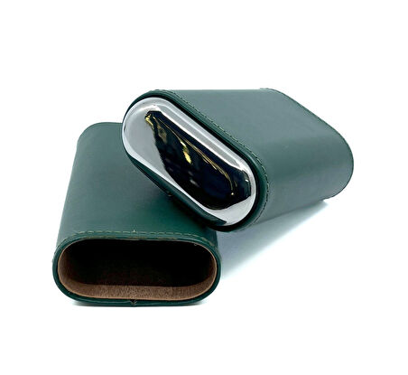 FireBird Deri Puro Kılıfı / Seyahat Humidoru 2'li - Yeşil / Gümüş Rengi