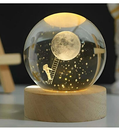 3D Kristal Cam Küre Ahşap Kaideli Gece Lambası - Astronot ve Ay