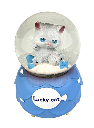 Lucky Cat - Şanslı Kedi Işıklı ve Müzikli Kar Küresi Mavi