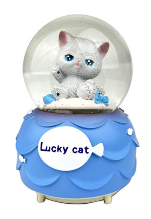 Lucky Cat - Şanslı Kedi Işıklı ve Müzikli Kar Küresi Mavi