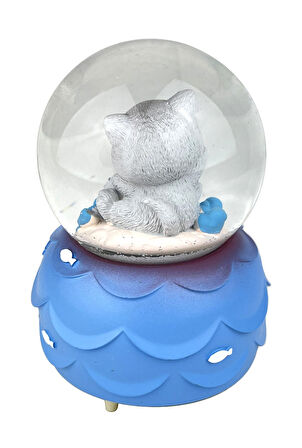 Lucky Cat - Şanslı Kedi Işıklı ve Müzikli Kar Küresi Mavi