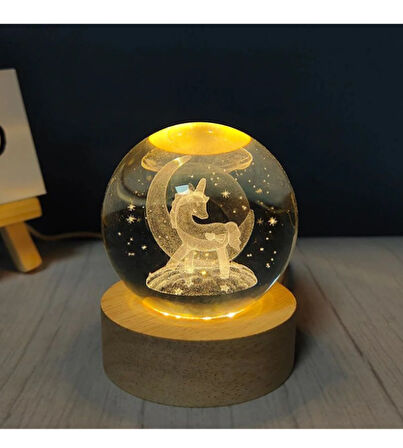 3D Kristal Cam Küre Ahşap Kaideli Gece Lambası - Unicorn