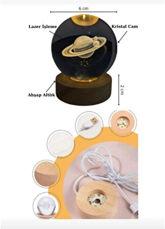 3D Kristal Cam Küre Ahşap Kaideli Gece Lambası - Satürn