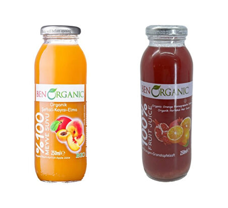 Ben Organic Organik Kayısı Şeftali Elma + Portakal Nar Suyu 2'li Paket