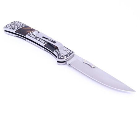 Reçine Kabzeli Kaplan İşlemeli Katlanabilir Çakı A3159-B