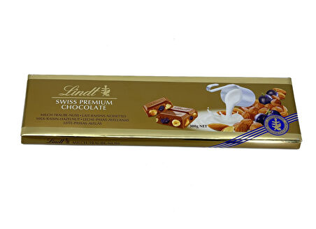 Lindt Swiss Premium Kuru Üzümlü, Bademli, Fındıklı Sütlü İsviçre Çikolatası 300 g