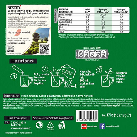 Nescafe 3ü1 Arada Fındık Aromalı Granül Kahve 10'lu Paket (2 ADET)