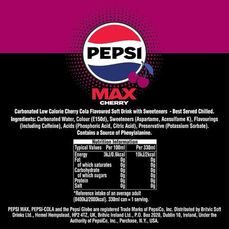 Pepsi Max Cherry No Sugar - Kiraz ve Kola Aromalı Şekersiz Gazlı İçecek