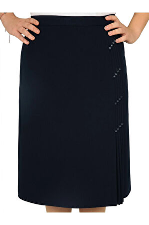 Kısa Deri Detaylı Astarlı Portoriko Kumaş Pileli Etek