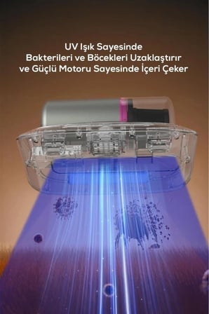 UV ışık teknolojili motorlu yatak temizleme cihazı ve akar giderme özellikli tüy toplayıcı