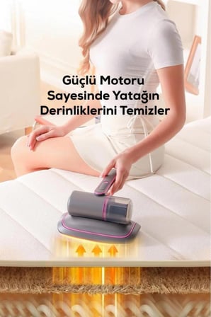 UV ışık teknolojili motorlu yatak temizleme cihazı ve akar giderme özellikli tüy toplayıcı