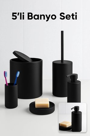 5 Parça Siyah Banyo Seti Yuvarlak Çöp Kovası Tuvalet Fırçası Sabunluk Fırçalık Modern