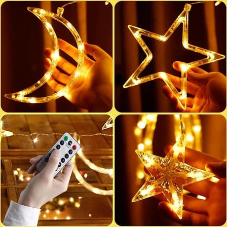 Ay ve Yıldız Figürlü Kumandalı 12 Sarkıtlı 120 LED Dekor Işık – Dekoratif Ortam ve Masaüstü Aydınlat