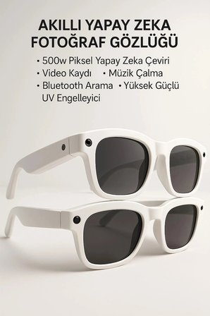Beyaz Yapay Zeka Akıllı Gözlük Çeviri Sesli Asistan Kamera Bağlantılı Premium