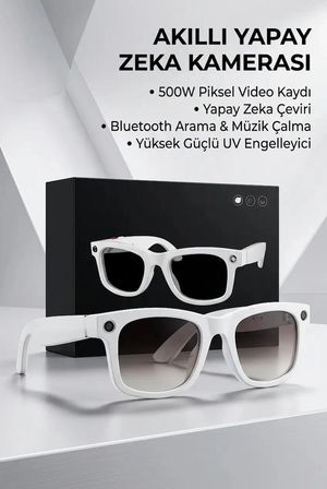 Kameralı Beyaz Akıllı Gözlük Bluetooth Yapay Zeka Asistanlı Şık Premium Ürün