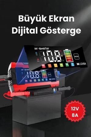 12V 8A Akıllı Akü Şarj Cihazı 12V 8A LCD Ekranlı Pulse Repair Otomatik Akü Şarj & Desülfatör