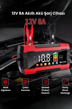 12V 8A Akıllı Akü Şarj Cihazı 12V 8A LCD Ekranlı Pulse Repair Otomatik Akü Şarj & Desülfatör