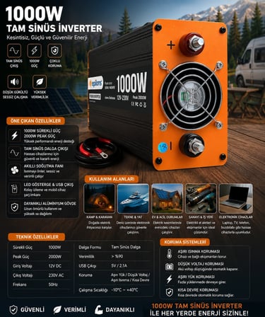 1000W Tam Sinüs İnverter 12V AC Çevirici | Sessiz Fanlı, USB Çıkışlı, Araç Karavan Tekne Solar Uyuml