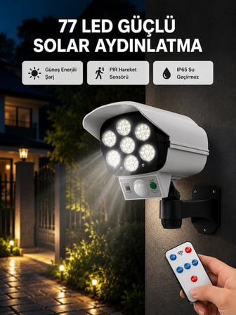 77 LED'li Güneş Enerjili Güvenlik Lambası ve Kukla Kamera – Hareket Sensörlü, 2400mAh Pilli
