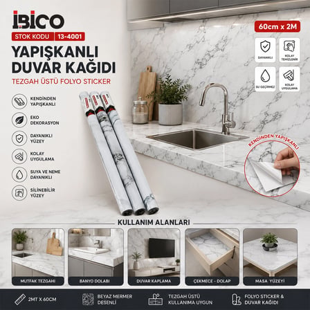 2mt X 60cm Beyaz Mermer Desenli Tezgah Üstü Folyo Sticker - Duvar Kağıt Kendinden Yapışkanlı - Eko Dekorasyon - Dayanıklı Bx40