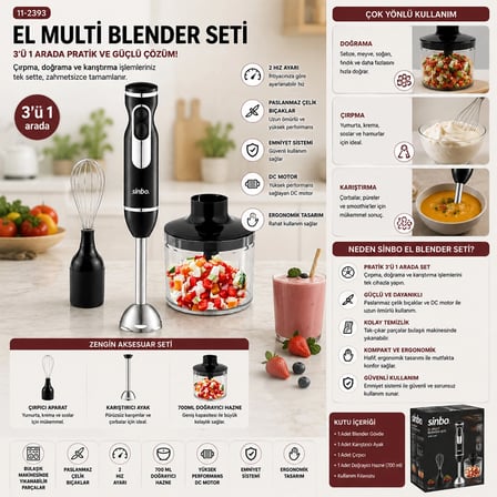 2hız Ayar - Paslanmaz Çelik Bıçak El Multi Blender Seti 700ml Hazneli Shb-7529 Bx40
