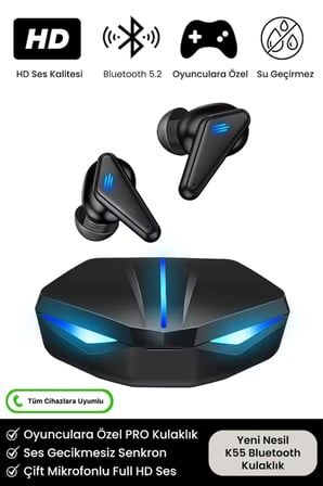 K55 Tws Pro Oyuncu Kulaklığı 3D Stereo Ses Extra Bass Işıklı Mikrofonlu Bluetooth Kablosuz Kulaklık