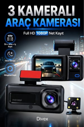 1080p HD 3 Kameralı Araç Kamerası Ön Arka İç Kayıt ve Park Destekli Gece Görüşlü