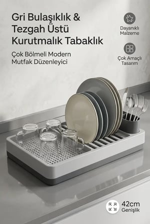 Modern Kurutmalık Tabaklık Gri Tezgah Üstü Bulaşıklık Bardaklık Standı Mutfak