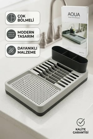 Gri Çok Bölmeli Tezgah Üstü Bulaşıklık Tabak Bardak Kurutmalık Kaşıklık Standı