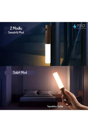 Sensörlü USB Şarjlı Taşınabilir Duvar Aplik Ahşap Görünümlü Masa Lambası