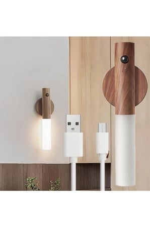 USB Şarjlı Sensörlü Mıknatıslı Ahşap Görünümlü Taşınabilir Duvar Aplik