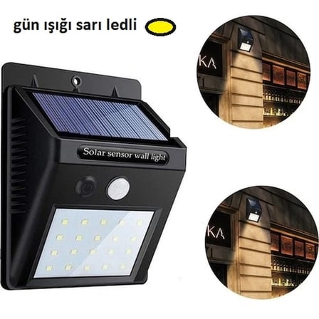Sari Gun İsikli Solar Lamba 20 Led Dis Mekan Duvar Tipi