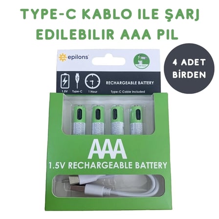 Type-C İle Şarjolabilen 4 Lü Aaa 1.5V Lityum İ̇Nce Şarjlı Kalem Pil 750 Mah Uzun Ömürlü