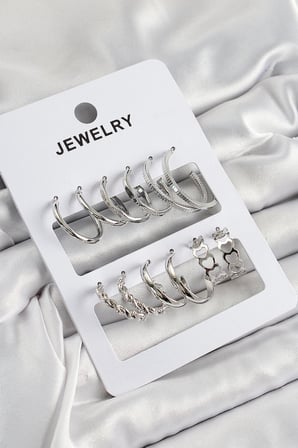 Pirinç Karışık Halka Model Gümüş Renk 6 Çift Kadın Küpe Set