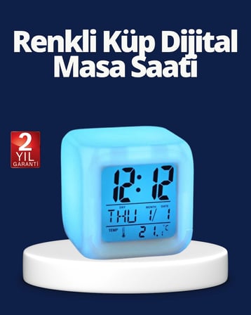 Renk Değiştiren LED Alarmlı Dijital Küp Masa Saati