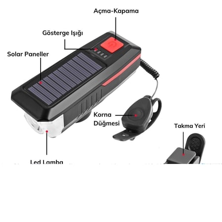 Solar Enerjili Usb İle Sarj Edilebilir Ledli Bisiklet Feneri Kornali Ve Su Gecirmez Far