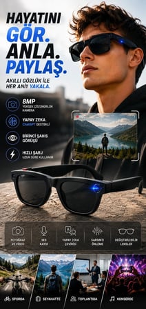 Birinci Şahıs Çekim Yapabilen 8MP Kameralı Yapay Zeka Akıllı Gözlük ChatGPT Destekli