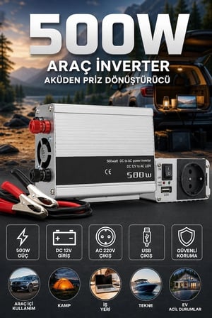500W 12V Akü İnverteri 220V AC Çıkışlı USB Portlu Fanlı Güç Dönüştürücü Araç Karavan Kullanımı