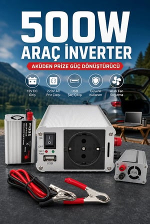 500W Fanlı Akü İnverteri 12V DC Giriş 220V AC Çıkış USB Portlu Taşınabilir Araç Kullanımı